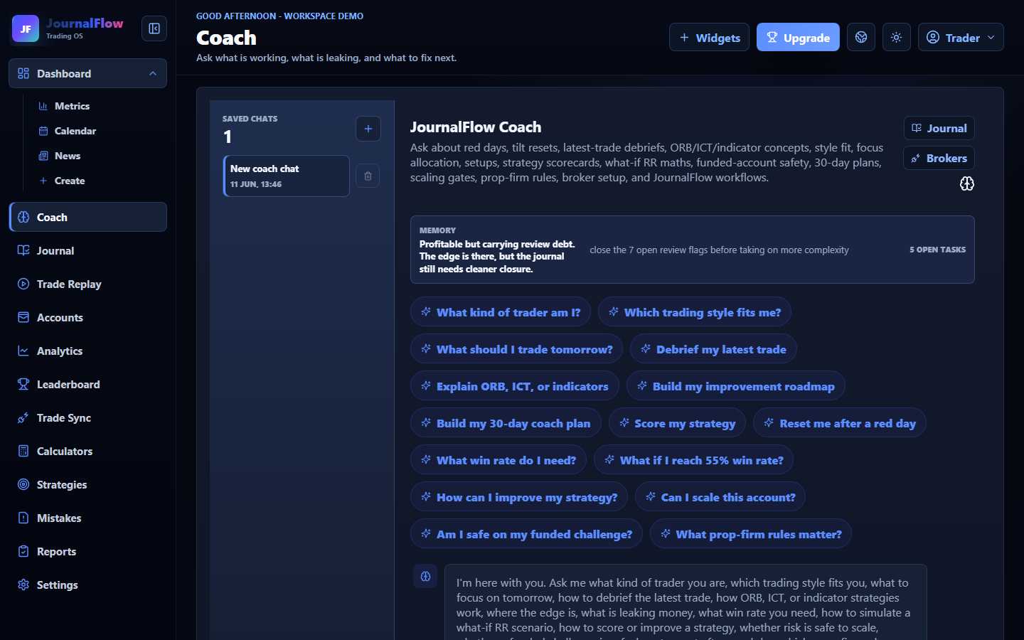 JournalFlow Coach workspace screenshot